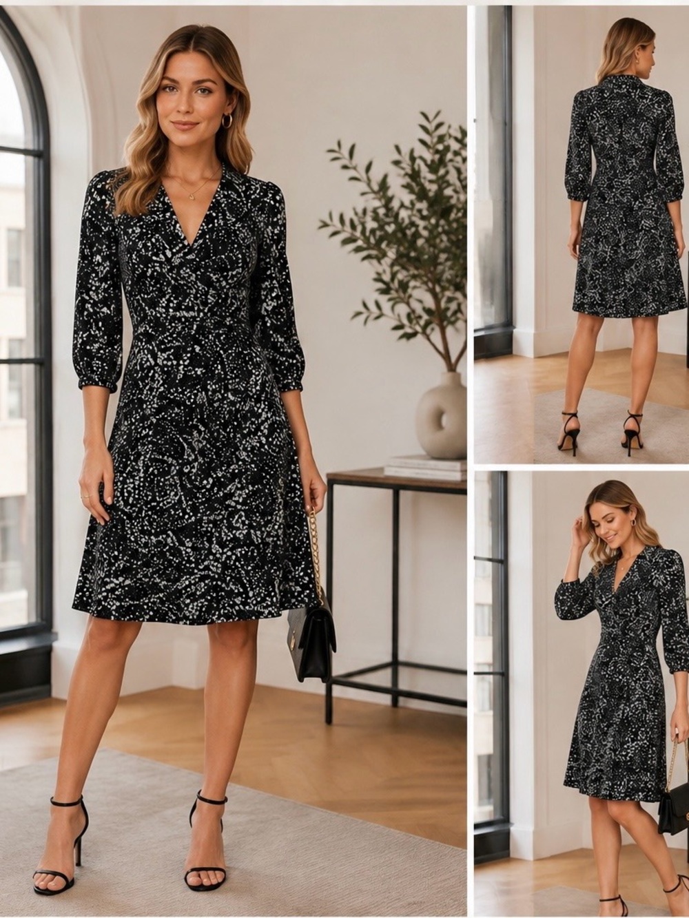 Dkny Black and White Floral Wrap-Style Midi Dress